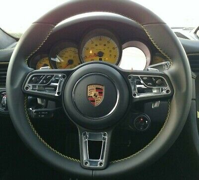 Porsche 991 911 2013-2019 Black Leather Steering Wheel Yellow Stitching New