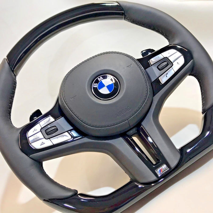 BMW G11 G12 G30 G01 G02 G05 Piano Black Wood & Leather Steering Wheel Complete